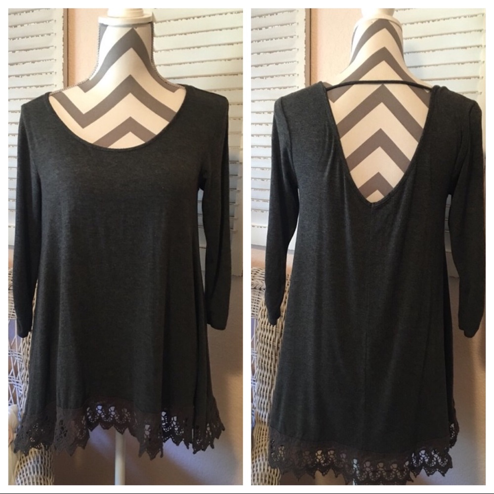 Grey Lace Bottom Dress 3/4 Sleeves with Open Back